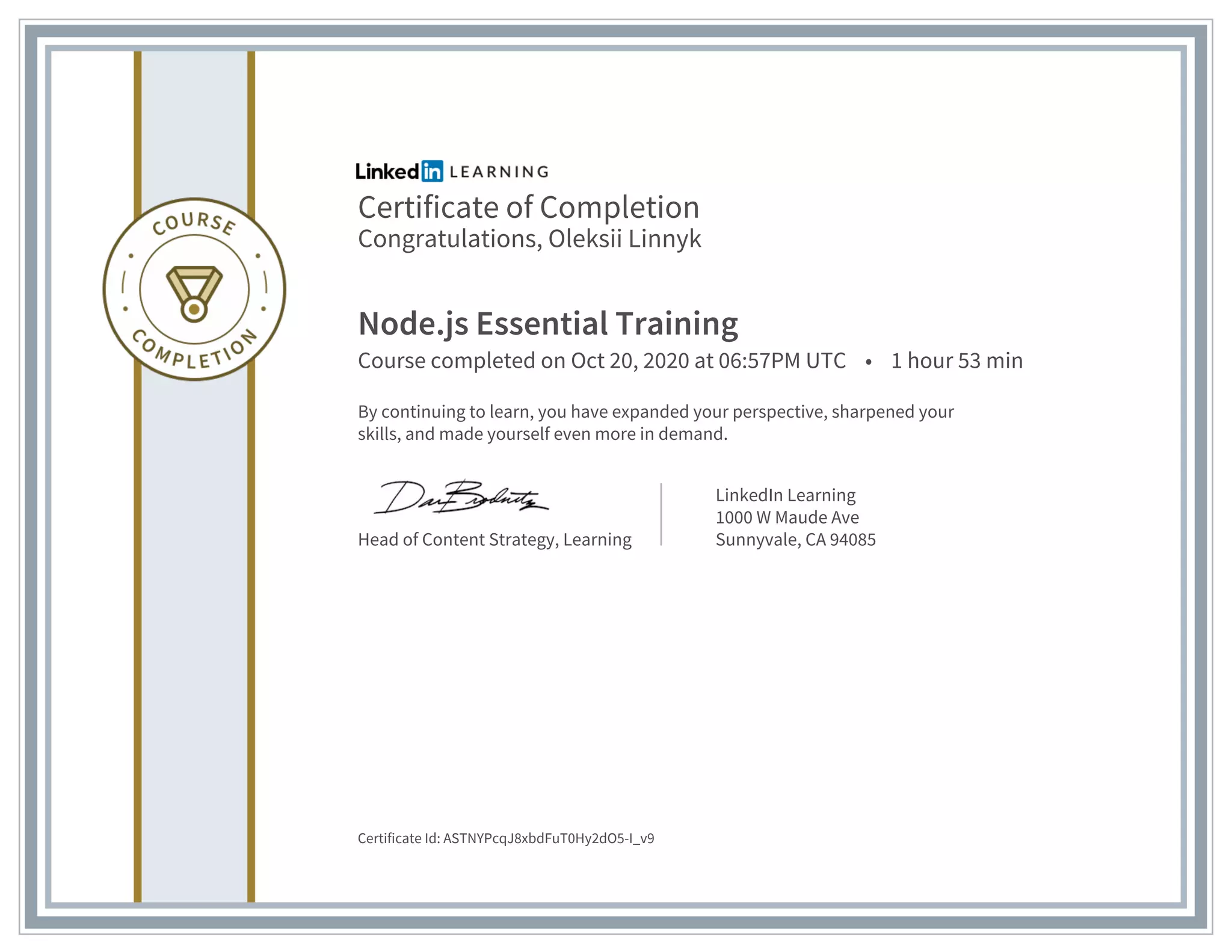 Certificate ofcompletion node.js essential training | PPT