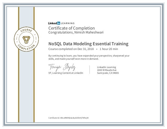 Certificate ofcompletion nosql data modeling essential training