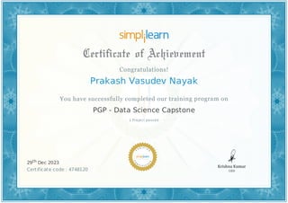 Prakash Vasudev Nayak
1 Project passed
PGP - Data Science Capstone
29th Dec 2023
Certificate code : 4748120
 