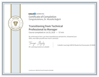 Certificate of Completion
Congratulations, Dr. Mustafa Değerli
Transitioning from Technical
Professional to Manager
Course completed on Jul 25, 2018 • 57 min
By continuing to learn, you have expanded your perspective, sharpened your
skills, and made yourself even more in demand.
VP, Learning Content at LinkedIn
LinkedIn Learningr1000 W Maude AverSunnyvale, CA 94085
Certificate Id: AW5PdUAT6w5FVcNwMctcGEkii6B0
 