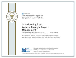 Certificate of Completion
Congratulations, Amruta Mulay
Transitioning from
Waterfall to Agile Project
Management
Course completed on Sep 19, 2017 • 1 hour 32 min
By continuing to learn, you have expanded your perspective,
sharpened your skills, and made yourself even more in demand.
The PMI Registered Education Provider logo is a registered mark of the Project Management Institute, Inc.
PDU 1.25 | Activity #100020003087
PMI® Registered Education Provider #4101
Certificate Id: AWAJ0NAc8V96gG903kKnmmAzJo9o
 