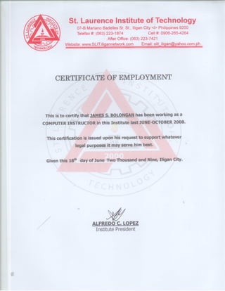 Certificate of Employment St. Laurence Institute of Technology
