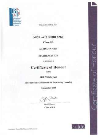 Certificate of Honor ACER - Mathematics
