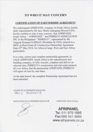 Certificate of partnership agreement