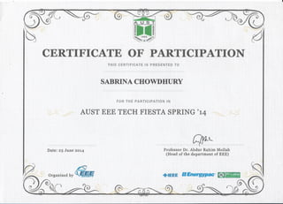 Certificate of participation in tech fiesta spring'14