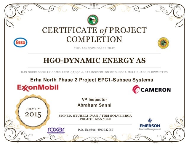 certificate of project completion certificate of completion of project