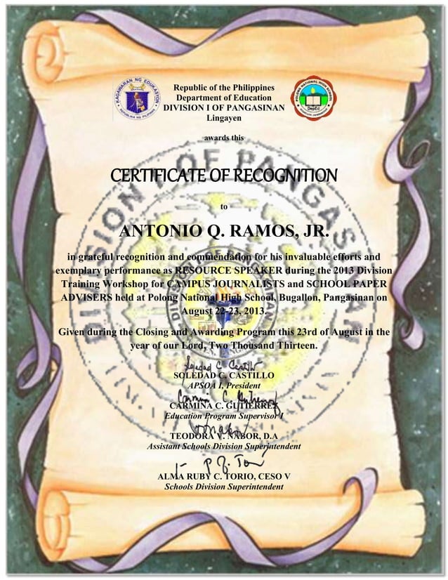 Certificate of recognition for resource speakers, to print PDF