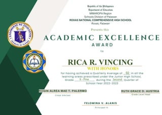 RICA R. VINCING
WITH HONORS
92
Second
ROGIN ALREA MAE T. PALERMO RUTH GRACE D. AUSTRIA
9 - Pine
Grade Level Head
Presents this
 