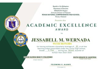 JESSABELL M. WERNADA
WITH HONORS
91
Second
ROGIN ALREA MAE T. PALERMO RUTH GRACE D. AUSTRIA
9 - Pine
Grade Level Head
Presents this
 