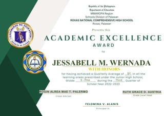 JESSABELL M. WERNADA
WITH HONORS
91
Third
ROGIN ALREA MAE T. PALERMO RUTH GRACE D. AUSTRIA
9 - Pine
Grade Level Head
Presents this
 