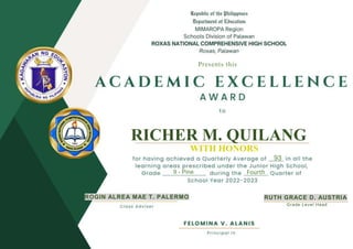 RICHER M. QUILANG
WITH HONORS
93
Fourth
ROGIN ALREA MAE T. PALERMO RUTH GRACE D. AUSTRIA
9 - Pine
Grade Level Head
Presents this
 
