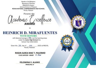 HEINRICH D. MIRAFUENTES
91
WITH HONORS
9 - Pine
ROGIN ALREA MAE T. PALERMO
5th July
 