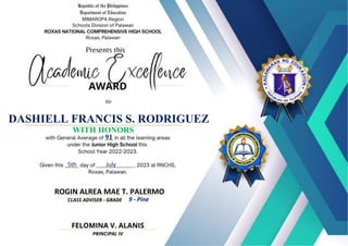 DASHIELL FRANCIS S. RODRIGUEZ
91
WITH HONORS
9 - Pine
ROGIN ALREA MAE T. PALERMO
5th July
 