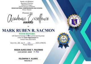 MARK RUBEN R. SACMON
90
WITH HONORS
9 - Pine
ROGIN ALREA MAE T. PALERMO
5th July
 