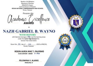 NAZH GABRIEL B. WAYNO
92
WITH HONORS
9 - Pine
ROGIN ALREA MAE T. PALERMO
5th July
 