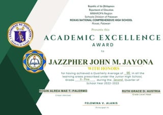 JAZZPHER JOHN M. JAYONA
WITH HONORS
90
Second
ROGIN ALREA MAE T. PALERMO RUTH GRACE D. AUSTRIA
9 - Pine
Grade Level Head
Presents this
 