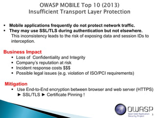 3
 Mobile applications frequently do not protect network traffic.
 They may use SSL/TLS during authentication but not elsewhere.
This inconsistency leads to the risk of exposing data and session IDs to
interception.
Business Impact
 Loss of Confidentiality and Integrity
 Company’s reputation at risk
 Incident response costs $$$
 Possible legal issues (e.g. violation of ISO/PCI requirements)
Mitigation
 Use End-to-End encryption between browser and web server (HTTPS)
► SSL/TLS ► Certificate Pinning !
 