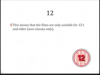 12
0 This means that the films are only suitable for 12’s

and older (non-cinema only).

 