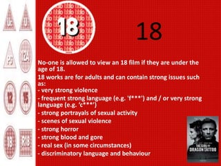18
No-one is allowed to view an 18 film if they are under the
age of 18.
18 works are for adults and can contain strong issues such
as:
- very strong violence
- frequent strong language (e.g. 'f***') and / or very strong
language (e.g. ‘c***’)
- strong portrayals of sexual activity
- scenes of sexual violence
- strong horror
- strong blood and gore
- real sex (in some circumstances)
- discriminatory language and behaviour
 