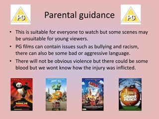 Parental guidance
• This is suitable for everyone to watch but some scenes may
be unsuitable for young viewers.
• PG films can contain issues such as bullying and racism,
there can also be some bad or aggressive language.
• There will not be obvious violence but there could be some
blood but we wont know how the injury was inflicted.
 