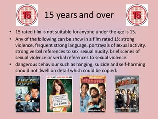 15 years and over
• 15 rated film is not suitable for anyone under the age is 15.
• Any of the following can be show in a film rated 15: strong
violence, frequent strong language, portrayals of sexual activity,
strong verbal references to sex, sexual nudity, brief scenes of
sexual violence or verbal references to sexual violence.
• dangerous behaviour such as hanging, suicide and self-harming
should not dwell on detail which could be copied.
 