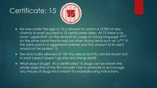 Certificate; 15
 No one under the age of 15 is allowed to watch a 15 film at any
cinema or even buy/rent a 15 certificated video. At 15 there is no
more ‘upper limit’ on the amount of usage of strong language ‘f***’
on the other hand they're may be other strong terms such as ‘c***’ if
this were used in a aggressive manner and the amount of its use it
would not be passed 15.
 Sex and nudity allowed at 15? Any sexual activity can be shown but
in most cases it doesn’t go into any strong detail.
 What about drugs? At a certificated 15 drugs can be shown the
whole objective of the film shouldn’t be to promote or encourage
any misuse of drugs this is meant for example using instructions.
 
