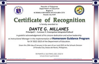 is hereby awarded to:
DANTE G. MILLANES
Republic of Philippines
Department of Education
Region X
SCHOOLS DIVISION OF PANAB...