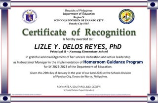 is hereby awarded to:
LIZLE Y. DELOS REYES, PhD
Republic of Philippines
Department of Education
Region X
SCHOOLS DIVISION ...