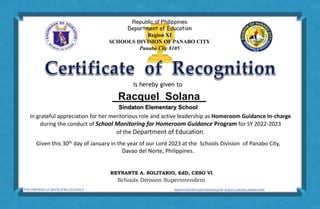 Republic of Philippines
Department of Education
Region XI
SCHOOLS DIVISION OF PANABO CITY
Panabo City 8105
In grateful app...