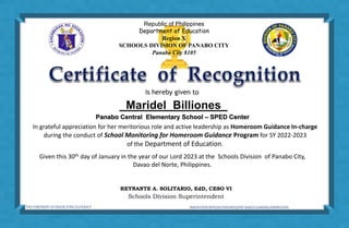 Republic of Philippines
Department of Education
Region X
SCHOOLS DIVISION OF PANABO CITY
Panabo City 8105
In grateful appr...