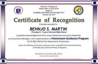 is hereby awarded to:
BEHNJO S. MARTIN
Republic of Philippines
Department of Education
Region X
SCHOOLS DIVISION OF PANABO...