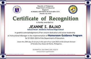 is hereby awarded to:
JEANNE S. BAJAO
Republic of Philippines
Department of Education
Region X
SCHOOLS DIVISION OF PANABO ...