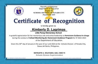 Republic of Philippines
Department of Education
Region XI
SCHOOLS DIVISION OF PANABO CITY
Panabo City 8105
In grateful app...