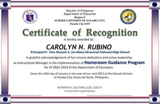 is hereby awarded to:
CAROLYN N. RUBINO
Republic of Philippines
Department of Education
Region X
SCHOOLS DIVISION OF PANAB...