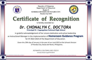 is hereby awarded to:
Dr. CHONALYN C. DOCTORA
Republic of Philippines
Department of Education
Region X
SCHOOLS DIVISION OF...