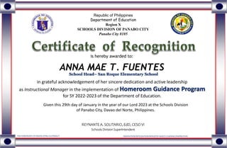 is hereby awarded to:
ANNA MAE T. FUENTES
Republic of Philippines
Department of Education
Region X
SCHOOLS DIVISION OF PAN...