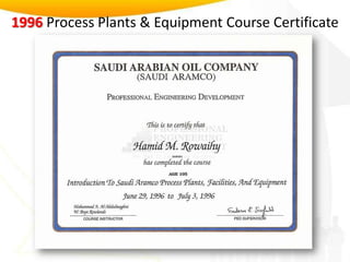 1996 Process Plants & Equipment Course Certificate 