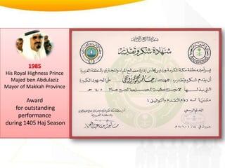 1985His Royal Highness Prince Majed ben AbdulazizMayor of Makkah Province Award for outstanding performance during 1405 Haj Season