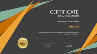 CERTIFICATE
OF APPRECIATION
This certificate is presented to
John Doe
For your extraordinary service and dedication to your profession and
helping us achieve goals.
Mr John DoeMr John Doe
School PrincipalProduct Manager
 