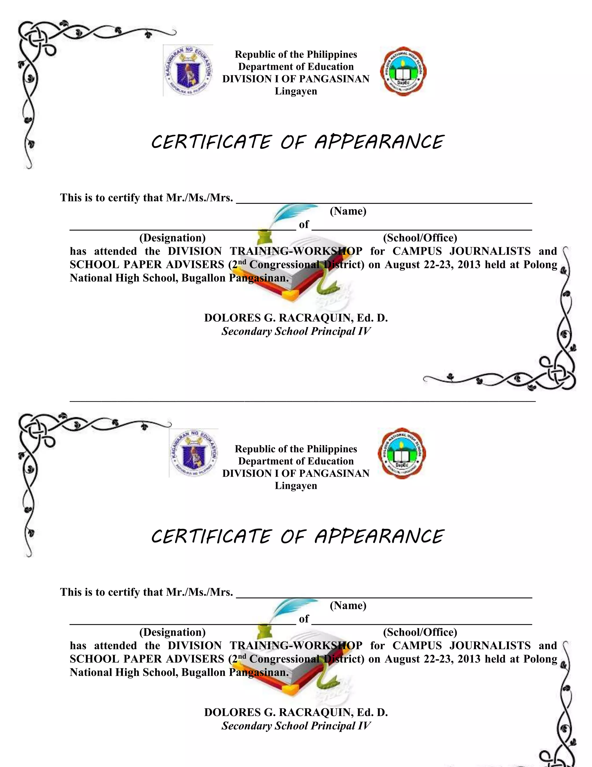 Certificates of appearance, to print | PDF