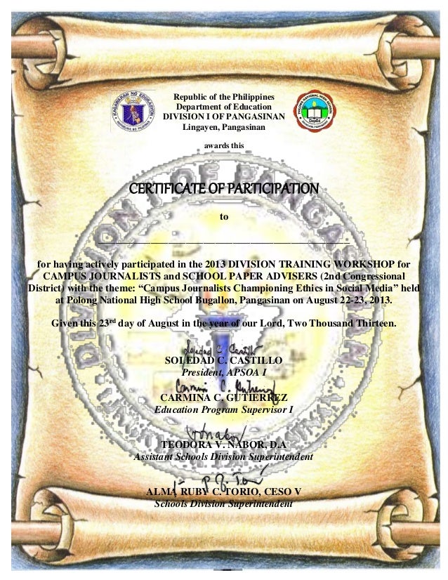 sample certificates of participation