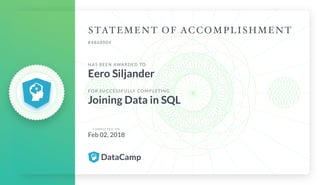#4868004
HAS BEEN AWARDED TO
Eero Siljander
FOR SUCCESSFULLY COMPLETING
Joining Data in SQL
C O M P L E T E D O N
Feb 02, 2018
 