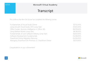 Fundamentals of Visual Studio Online 07/12/2015
Using Git with Visual Studio 2013 Jump Start 07/07/2015
Office Guides: Business Intelligence in Office 365 06/29/2015
Using Kanban Boards Jump Start 06/18/2015
Fundamentals of Lean Software Delivery Jump Start 06/07/2015
Software Development Fundamentals 05/28/2015
SharePoint Online Migration Planning 05/24/2015
Managing SharePoint On-Premises vs. SharePoint Online 05/17/2015
This confirms that Wim De Groote has completed the following courses:
Congratulations on your achievement!
 