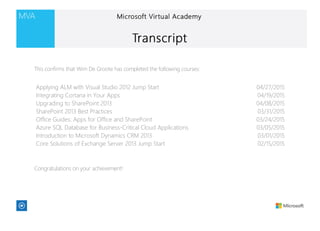Applying ALM with Visual Studio 2012 Jump Start 04/27/2015
Integrating Cortana in Your Apps 04/19/2015
Upgrading to SharePoint 2013 04/08/2015
SharePoint 2013 Best Practices 03/31/2015
Office Guides: Apps for Office and SharePoint 03/24/2015
Azure SQL Database for Business-Critical Cloud Applications 03/05/2015
Introduction to Microsoft Dynamics CRM 2013 03/01/2015
Core Solutions of Exchange Server 2013 Jump Start 02/15/2015
This confirms that Wim De Groote has completed the following courses:
Congratulations on your achievement!
 