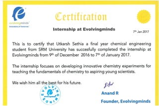 Certificate, Utkarsh Sethia, internship at evolving minds