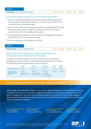 STEP 3
P R E P A R E F O R EXAMINATION                                                            CAPM       PMI-SP    PMI-RMP      PMP       PgMP


Use these tips to help you prepare for your PMI credential examination:
1. Read the credential handbook to familiarise yourself with testing policies
   and procedures. (Credential handbooks can be downloaded in PDF format
   at www.pmi.org/careerdevelopment).
2. Read A Guide to the Project Management Body of Knowledge (PMBOK® Guide)
   along with other project management reference sources to familiarise
   yourself with current terminology and processes.
3. Take a prep course offered by a PMI component, PMI Registered Education
   Provider (R.E.P.), or other education provider.
4. Form a study group with colleagues or friends.

STEP 4
M A I N T A I N Y OUR CREDENTIAL                                                           CAPM       PMI-SP    PMI-RMP      PMP       PgMP


Once you earn a PMI credential, you are required to participate in the
Continuing Certification Requirements (CCR) program.
To adhere to the CCR program, you need to participate in professional
development activities where you earn professional development units (PDUs).
The table below details requirements for each credential.
                          CAPM                 PMI-SP               PMI-RMP              PMP          PgMP
   CERTIFICATION CYCLE    5 years              3 years              3 years              3 years      3 years

   NUMBER OF PDUs         No PDUs.             30 PDUs in s         30 PDUs in           60 PDUs      60 PDUs
   NEEDED IN THREE-       Re-exam at end       pecialised area of   specialised
   YEAR CYCLE             of five-year cyle    project scheduling   area of project
                                                                    risk management




Good things happen when you get involved with PMI.

With members and certification holders in 185 countries, Project Management Institute (PMI) is the leading
membership association for the project management profession and the largest association dedicated to
project management in the world. As the leading advocate for the profession, PMI is actively engaged in
setting professional standards, providing a professional career path for project managers and maintaining a
family of professional credentials.




PROJECT MANAGEMENT INSTITUTE          PMI EMEA SERVICE CENTRE                 PMI ASIA PACIFIC SERVICE CENTRE   PMI INDIA SERVICE CENTRE
Tel +1 610 356 4600                   Tel +32 2 743 1573                      Tel +65 6496 5501                 Tel +91 124 4517140
customercare@PMI.org                  customercare.emea@PMI.org               customercare.asiapac@PMI.org      customercare.india@PMI.org




© 2011 PROJECT MANAGEMENT INSTITUTE, INC. ALL RIGHTS RESERVED. “PMI”, THE PMI LOGO, “PMP”, “CAPM”, “PGMP”, “PMBOK”,
“PMI-RMP” AND “PMI-SP” ARE REGISTERED MARKS OF PROJECT MANAGEMENT INSTITUTE, INC. PRA-202-2011 (3-11)
 