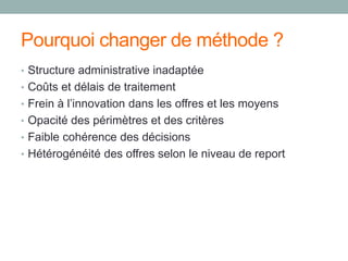 Pourquoi changer de méthode ?
• Structure administrative inadaptée
• Coûts et délais de traitement
• Frein à l’innovation dans les offres et les moyens
• Opacité des périmètres et des critères
• Faible cohérence des décisions
• Hétérogénéité des offres selon le niveau de report
 