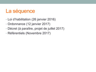 La séquence
• Loi d’habilitation (26 janvier 2016)
• Ordonnance (12 janvier 2017)
• Décret (à paraître, projet de juillet 2017)
• Référentiels (Novembre 2017)
 