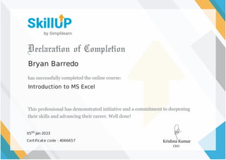 Bryan Barredo
Introduction to MS Excel
05th Jan 2023
Certificate code : 4066657
 