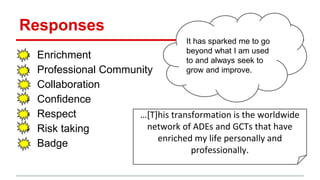 Responses
It has sparked me to go
beyond what I am used
to and always seek to
grow and improve.
● Enrichment
● Professional Community
Collaboration
● Confidence
● Respect
● Risk taking
● Badge
…[T]his transformation is the worldwide
network of ADEs and GCTs that have
enriched my life personally and
professionally.
 